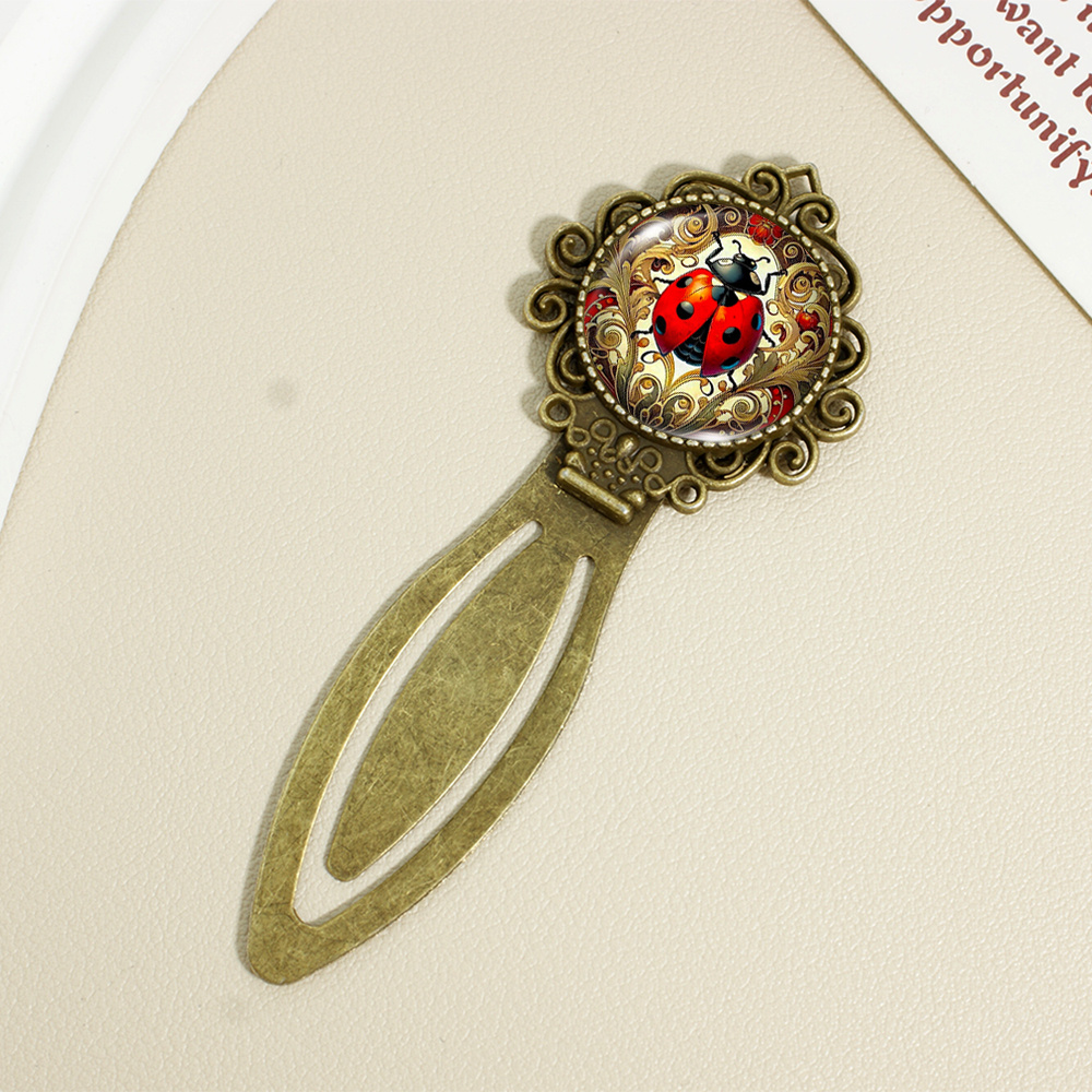 1pc 2D Flat Iron Lace Bookmark with Time Gem Glass Ladybug Pattern - Exquisite Swirl Design Circular Page Clip, Creative Insect Decor Reading Marker, Valentine