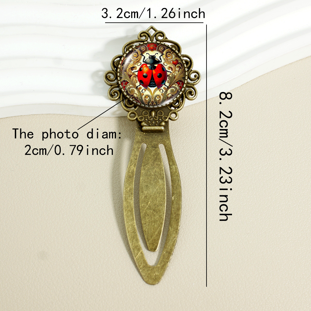 1pc 2D Flat Iron Lace Bookmark with Time Gem Glass Ladybug Pattern - Exquisite Swirl Design Circular Page Clip, Creative Insect Decor Reading Marker, Valentine