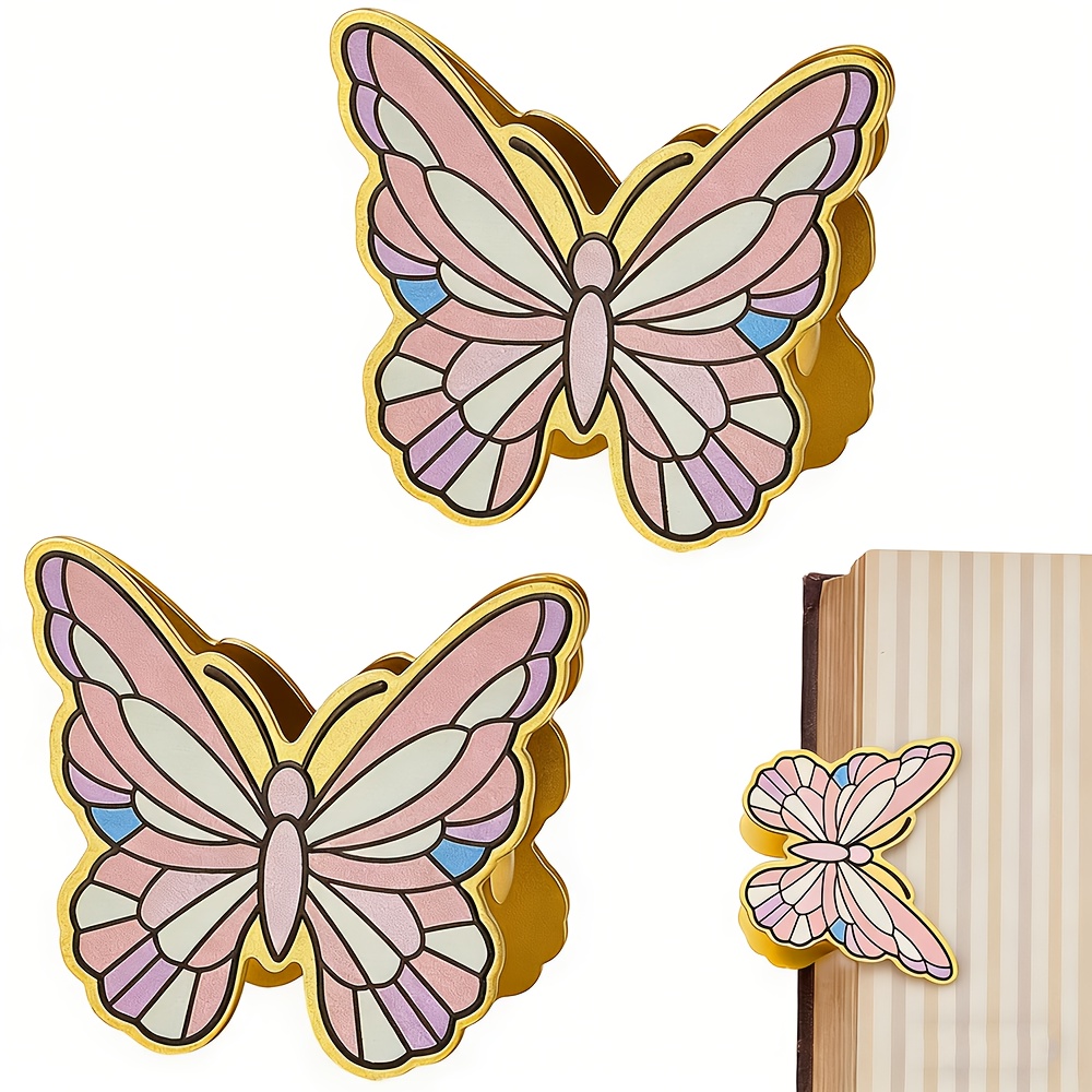2pcs Golden Pink Butterfly Book Clips | Vintage Enamel Notebook Binder Clips, Retro Page Bill Handbook Clamps for Scrapbook, Journal, Travelers Notebook, Art Creation, Office Decoration, Reading - Image 1