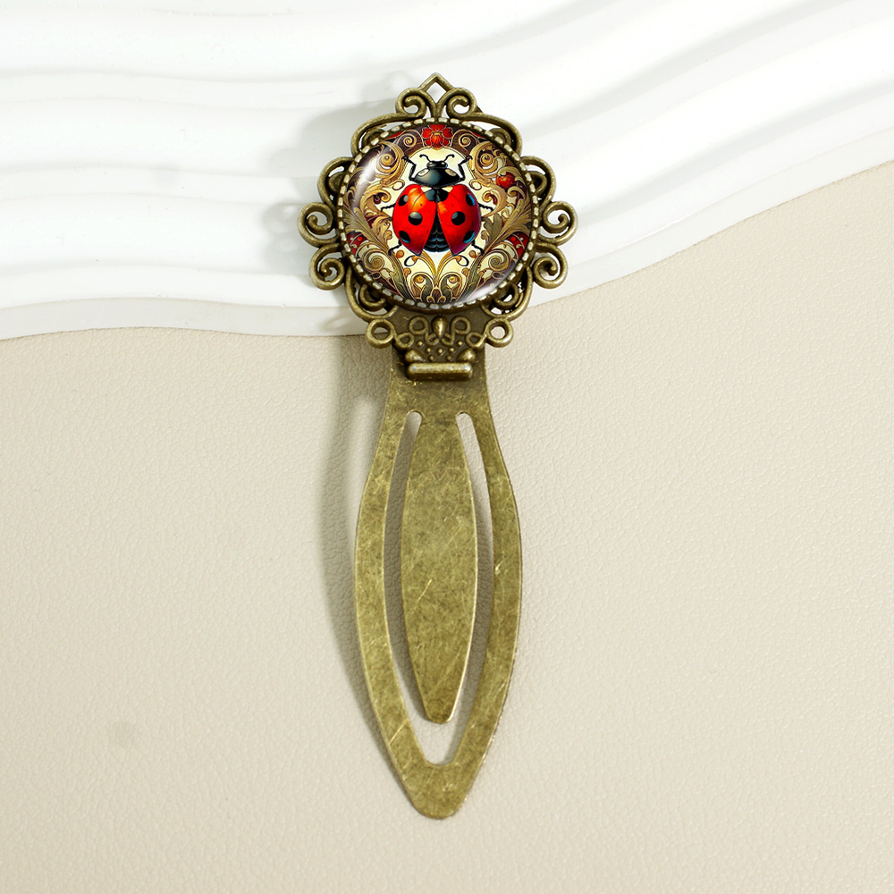 1pc 2D Flat Iron Lace Bookmark with Time Gem Glass Ladybug Pattern - Exquisite Swirl Design Circular Page Clip, Creative Insect Decor Reading Marker, Valentine